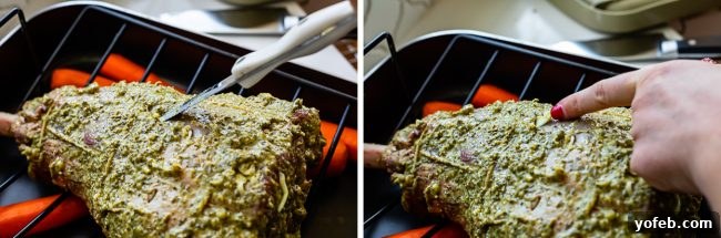 Honey Dijon Crusted Lamb in Roasting Pan A seasoned bone-in leg of lamb, crusted with herbs and honey Dijon mustard, resting in a roasting pan, ready for the oven.