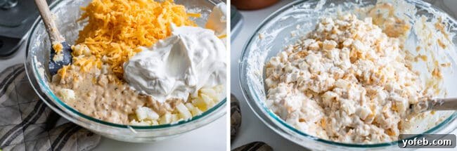 Funeral Potatoes (Cheesy Potato Casserole) from The Food Charlatan. If you haven't heard of this side dish, you will love it! Potatoes mixed with sour cream, butter, white sauce (or a can of soup - I include instructions for both), and tons of cheddar cheese, then baked to perfection with a crunchy corn flake topping. It doesn't get any better for holidays! #potatoes #withhashbrowns #easy #casserole #baked #cornflakes #fromscratch #withcornflakes #inoven #soup #homemade #quick #best adding cheese, sour cream, white sauce, and frozen potatoes a bowl, then mixed together with spoon.