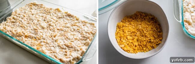 Funeral Potatoes (Cheesy Potato Casserole) from The Food Charlatan. If you haven't heard of this side dish, you will love it! Potatoes mixed with sour cream, butter, white sauce (or a can of soup - I include instructions for both), and tons of cheddar cheese, then baked to perfection with a crunchy corn flake topping. It doesn't get any better for holidays! #potatoes #withhashbrowns #easy #casserole #baked #cornflakes #fromscratch #withcornflakes #inoven #soup #homemade #quick #best potatoes mixed with sour cream and soup in a clear glass baking dish, bowl of cornflakes in white bowl.