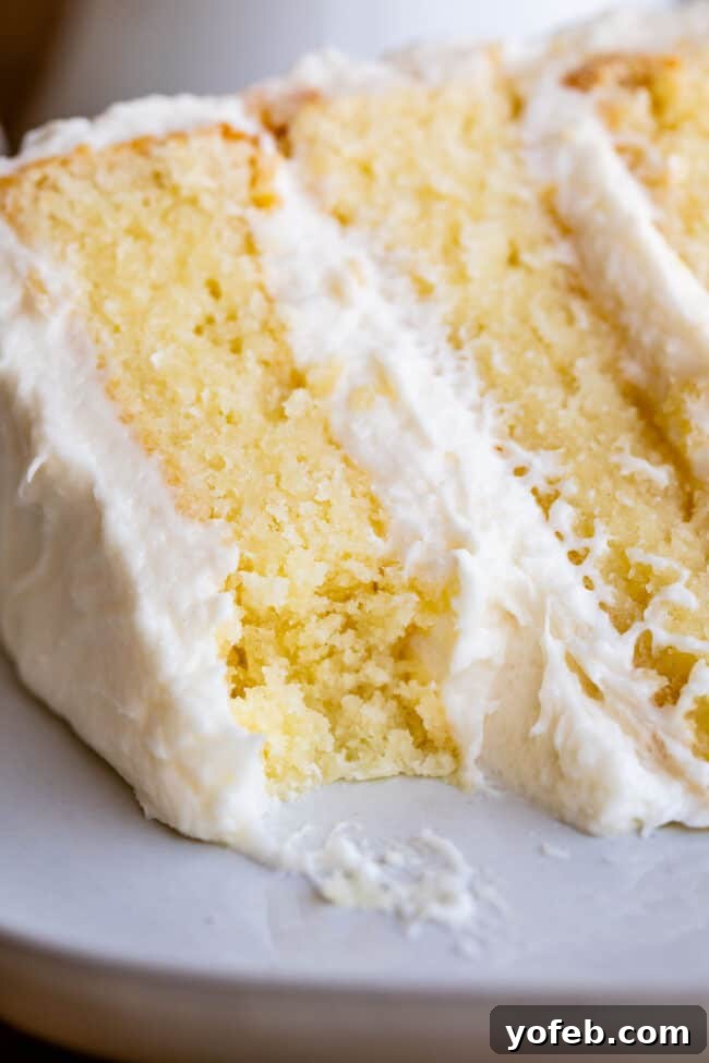 Taste the Perfection: Bite of Homemade White Cake A close-up shot of a perfectly baked slice of vanilla white cake with a creamy layer of frosting, showing a bite taken out.