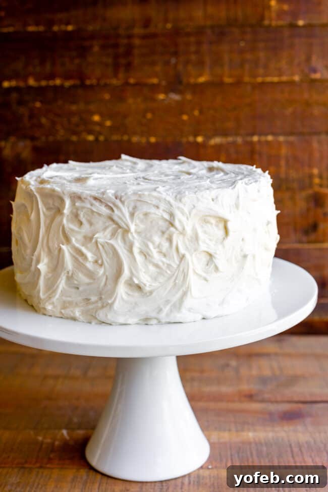 Creamy Vanilla Frosting for the Best White Cake A freshly baked, three-layer homemade white cake adorned with elegant swirls of vanilla frosting on a classic white cake stand.
