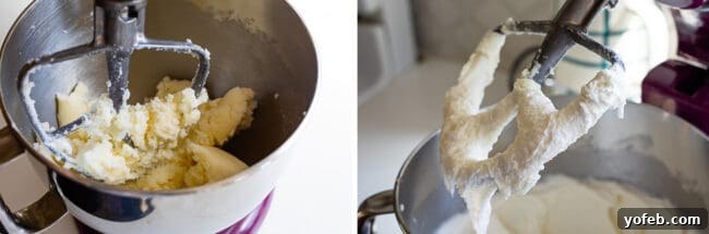 Creaming Butter and Sugar for Fluffy White Cake Close-up of butter and sugar being creamed together in a stand mixer, demonstrating the start of homemade white cake batter preparation.