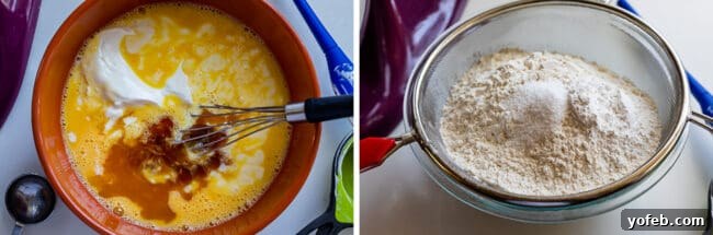 Preparing Wet and Dry Ingredients for Moist White Cake Two separate bowls show wet ingredients (eggs, buttermilk, vanilla, sour cream) and dry ingredients (flour, salt, baking powder) for white cake, ready to be combined.