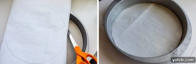 Essential Cake Pan Preparation for Perfect Baking Parchment paper being cut to fit the bottom of a round cake pan, a crucial step for easy cake release.