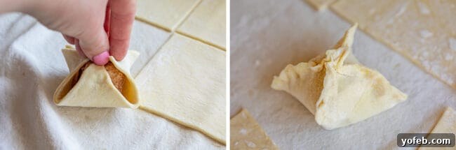 Empty Tomb Rolls: Marshmallow ready to be wrapped in puff pastry. A square of puff pastry dough on a floured surface, with a marshmallow placed in its center, ready to be wrapped.