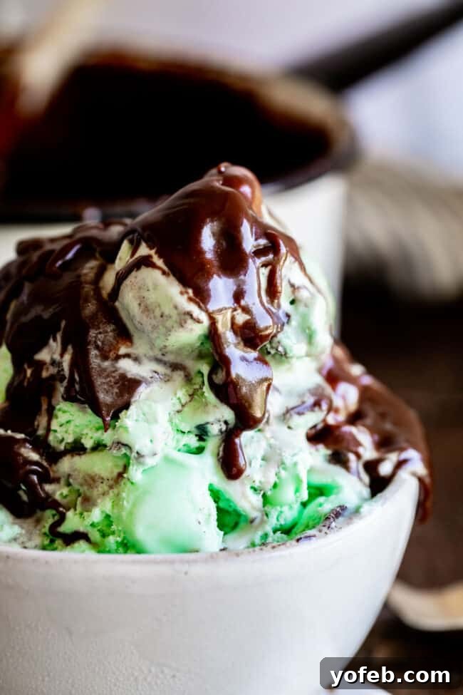 Easy Homemade Chocolate Sauce 11 Homemade chocolate sauce elegantly spread over a scoop of mint ice cream, creating a delightful contrast.