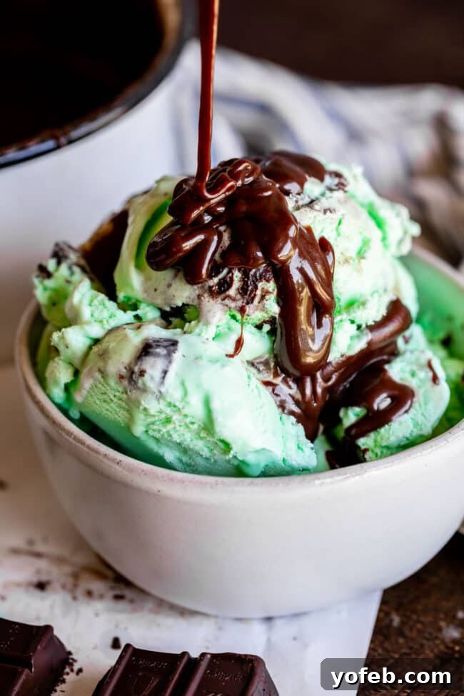 Easy Homemade Chocolate Sauce 10 Homemade chocolate sauce being drizzled over a scoop of mint chocolate chip ice cream in a pristine white bowl.