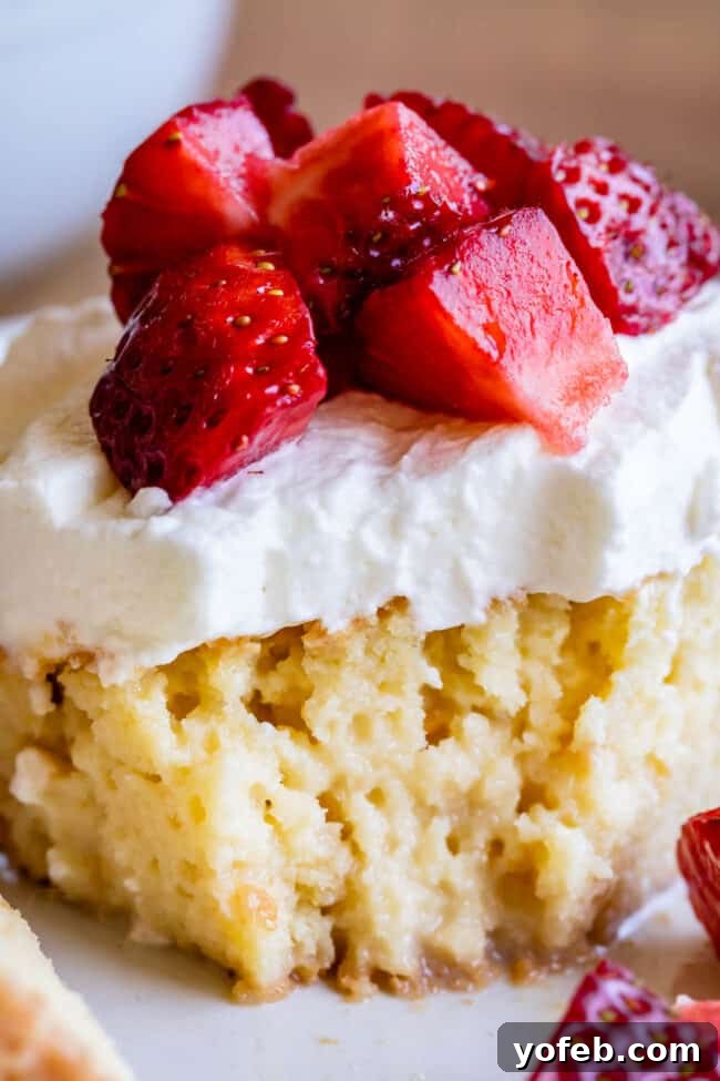 Ultimate Tres Leches Perfection 3 tres leches cake recipe with strawberries on top.