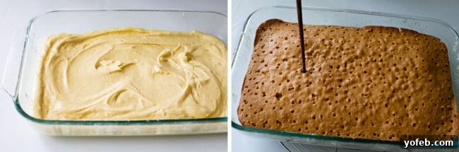 Ultimate Tres Leches Perfection 7 Cake batter and poking cooked cake.