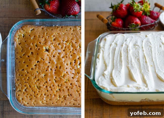 Ultimate Tres Leches Perfection 8 a baked tres leches cake with holes poked in it, the same cake with milk soaked in and whipped cream on top.