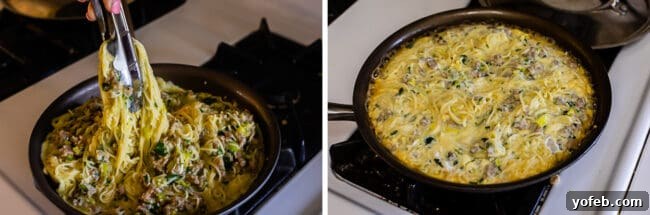 Easy 30-Minute Pasta Frittata with Sausage and Parmes an from The Food Charlatan. This dinner is done in 30 minutes and is so easy! The best part is that it uses mostly pantry ingredients (and sausage that you can freeze) so it's a good one to make when you haven't been shopping in a while! Swap out the veggies for whatever you have, and use leftover pasta if you have it! #leftoverspaghetti #recipes #dinners #eggs #cheese #Meals #brunch #dishes #breakfastrecipes #leftover #oliveoil #vegetables leftover pasta frittata - the egg and sausage mixture being poured over the crispy pasta in the skillet