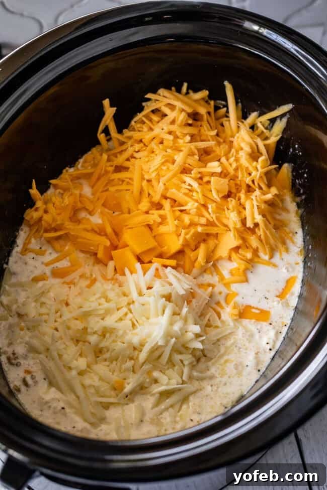 Dry noodles, milk, and a generous mix of three different cheeses are added to a crockpot, preparing for the slow cooking process.