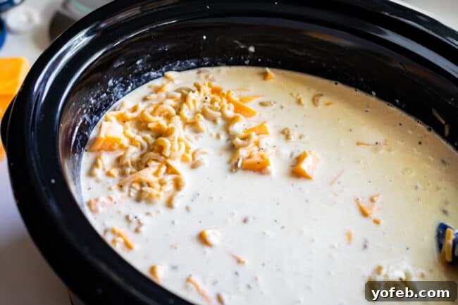 The uncooked mixture of macaroni, milk, and cheeses sits in the crock pot, ready to begin its slow transformation.