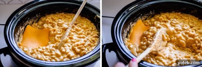 Adding a slice of extra cheese to the center of a crock pot full of mac and cheese, for an ultimate cheese pull.