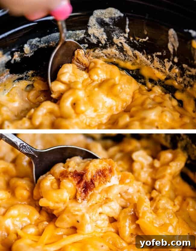 A spoon scraping the delicious, crusty edges of slow-cooked mac and cheese from the side of the pot.