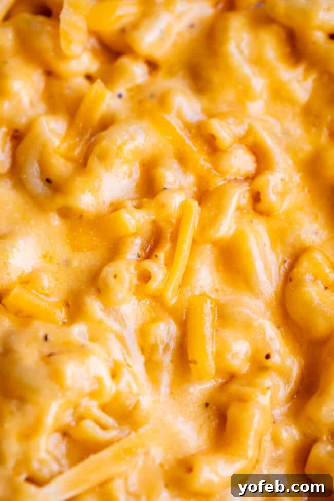 An overhead close-up shot of the perfectly cooked, creamy mac and cheese nestled in the slow cooker.