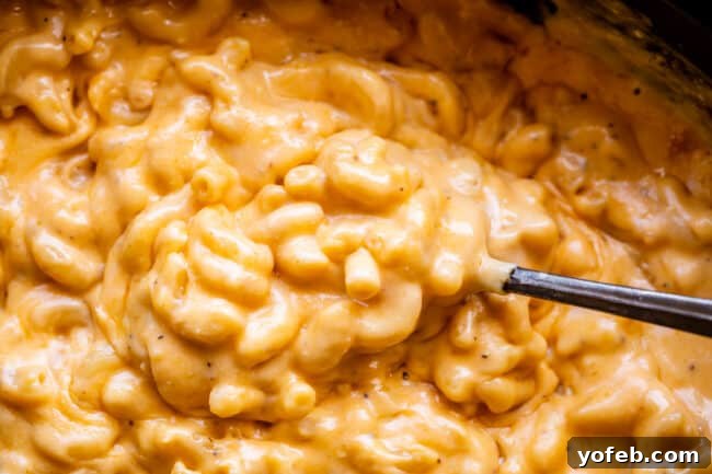 A spoon lifting a perfect bite of creamy mac and cheese from a slow cooker, showcasing its rich texture.