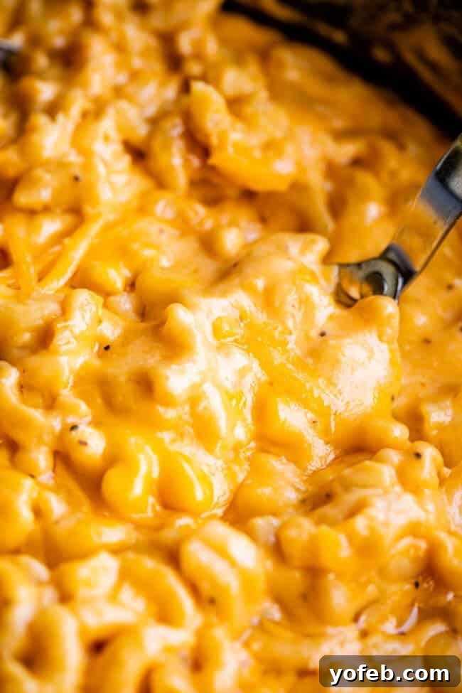A serving spoon lifts a portion of cheddar-topped mac and cheese from the crockpot, showcasing its delicious appeal.