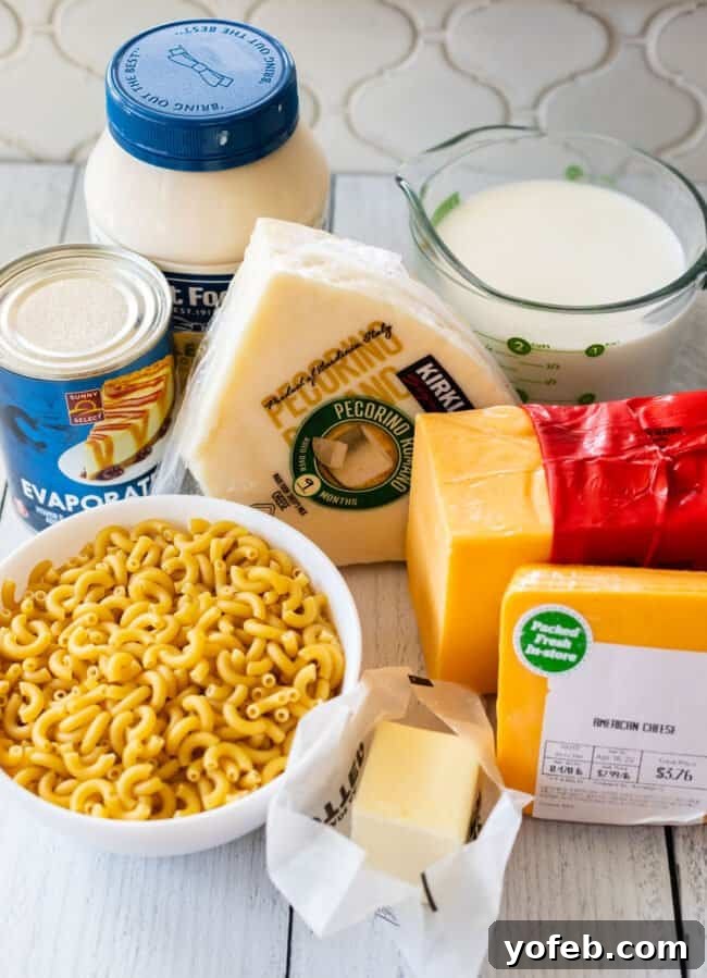 All the necessary ingredients for crafting delicious crockpot macaroni and cheese, neatly arranged on a kitchen counter.