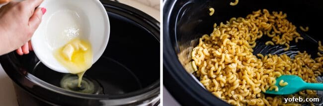 Adding melted butter to a slow cooker, followed by dry elbow macaroni, to prepare for cooking.