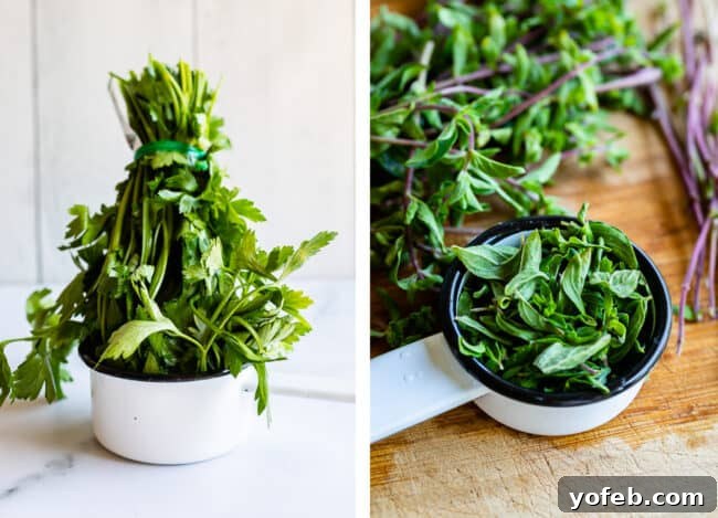 Measured Fresh Herbs - Essential ingredients for homemade chimichurri. Fresh parsley and oregano leaves packed into separate measuring cups, illustrating the quantity needed for the recipe.