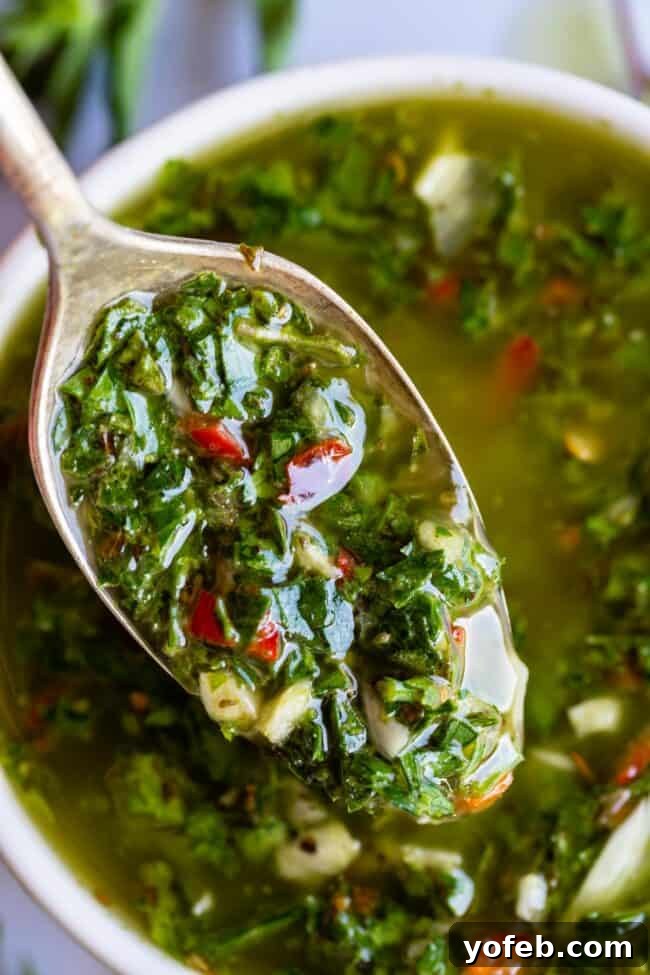 A close-up of a spoonful of vibrant chimichurri sauce, highlighting chopped parsley, garlic, red pepper flakes, and olive oil, with more chimichurri visible in a white bowl below.