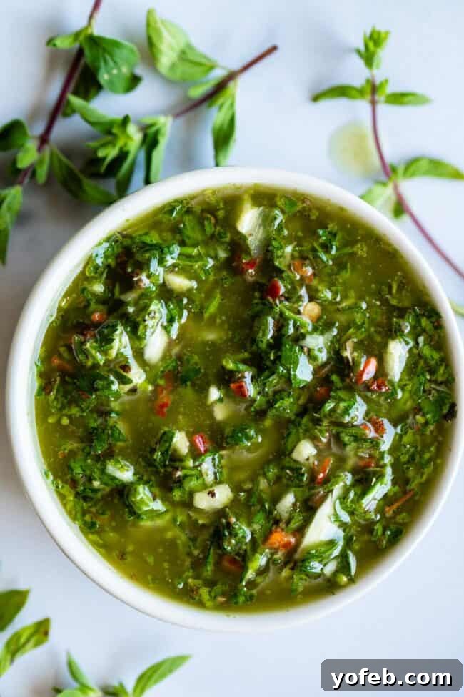 Fresh Chimichurri Sauce - A vibrant and flavorful condiment for any meal. A small bowl filled with vibrant green chimichurri sauce, ready to be served.