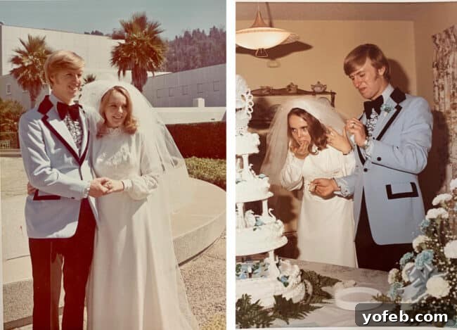 A timeless wedding moment from the 1970s. A nostalgic photo of a young couple getting married in the 1970s, celebrating their special day.