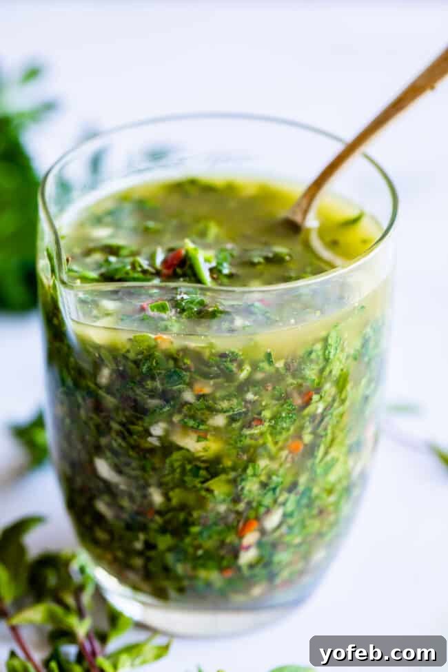 Versatile Chimichurri Sauce - A fresh herb condiment for all occasions. A tall glass cup filled with vibrant green chimichurri sauce, with a spoon resting inside, ready for serving.