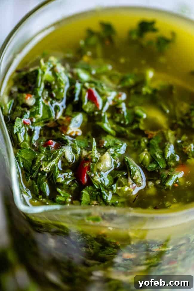 Perfectly textured Chimichurri Sauce - A blend of fresh herbs, garlic, and oil. A close-up of chimichurri sauce in a white bowl, showcasing its chunky texture and the freshness of its ingredients.