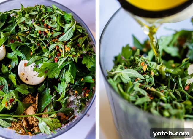 Prepping for Chimichurri - Fresh herbs and spices ready for blending. Fresh herbs and seasonings, including parsley, oregano, and garlic, prepared and placed inside a food processor bowl for chimichurri preparation.