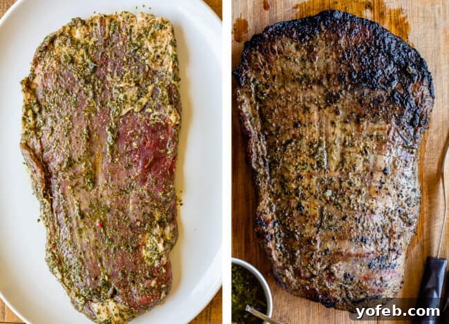 How to Cook Flank Steak (Grilled or Oven Broiled) A comparison of raw marinated flank steak on a white platter and grilled, cooked flank steak on a wooden cutting board, illustrating its transformation.