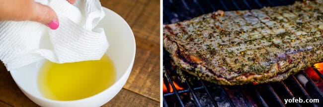 How to Cook Flank Steak (Grilled or Oven Broiled) Preparing the grill by oiling the grates with a paper towel before placing a marinated flank steak on the hot surface.