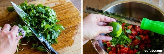 How to Make Authentic Pico de Gallo from The Food Charlatan. Learn how to make the best Pico de Gallo! It's a very simple Mexican salsa with tomatoes, onions, jalapeno, cilantro, and lime juice. Humble ingredients come together to make one of the best appetizers of all time! You will never look at tacos the same after topping them with this magical stuff. #picodegallo #salsa #Mexican #cold #fresh #appetizer #dip #forparties #easy #recipe #receta #authentic #best #homemade #restaurant #picodegalo what is pico de gallo. A close-up of fresh lime zest being grated into a bowl of chopped cilantro, showing the vibrant preparation for pico de gallo.