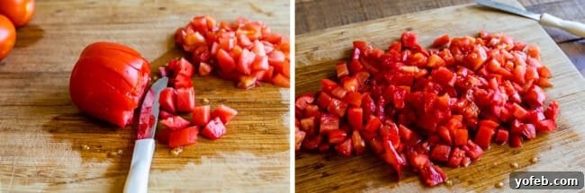 How to Make Authentic Pico de Gallo from The Food Charlatan. Learn how to make the best Pico de Gallo! It's a very simple Mexican salsa with tomatoes, onions, jalapeno, cilantro, and lime juice. Humble ingredients come together to make one of the best appetizers of all time! You will never look at tacos the same after topping them with this magical stuff. #picodegallo #salsa #Mexican #cold #fresh #appetizer #dip #forparties #easy #recipe #receta #authentic #best #homemade #restaurant #picodegalo cutting tomatoes for pico de gallo on a wooden cutting board. A close-up of diced tomatoes on a wooden cutting board, perfectly cut for a traditional pico de gallo texture.