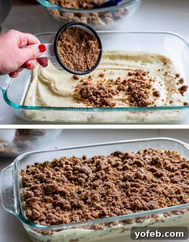 Sour Cream Coffee Cake, with a Ridiculous Amount of Streusel from The Food Charlatan. This is my FAVORITE recipe for Sour Cream Coffee Cake! My main complaint with Coffee Cake is that there is usually too much cake, not enough streusel. This recipe gives you the max amount of streusel without ruining the light fluffiness of the cake! A vanilla drizzle finishes it off! #coffeecake #sourcream #icing #frosting #drizzle #easy #recipes #cinnamon #streusel #sourcream #crumb #crumble #moist #breakfast Streusel falling from measuring cup onto coffee cake batter, coffee cake ready to bake in a pan.