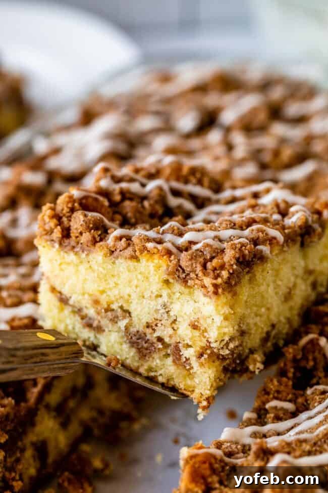 Sour Cream Coffee Cake, with a Ridiculous Amount of Streusel from The Food Charlatan. This is my FAVORITE recipe for Sour Cream Coffee Cake! My main complaint with Coffee Cake is that there is usually too much cake, not enough streusel. This recipe gives you the max amount of streusel without ruining the light fluffiness of the cake! A vanilla drizzle finishes it off! #coffeecake #sourcream #icing #frosting #drizzle #easy #recipes #cinnamon #streusel #sourcream #crumb #crumble #moist #breakfast Streusel topped coffee cake slice being lifted on a spatula from pan.