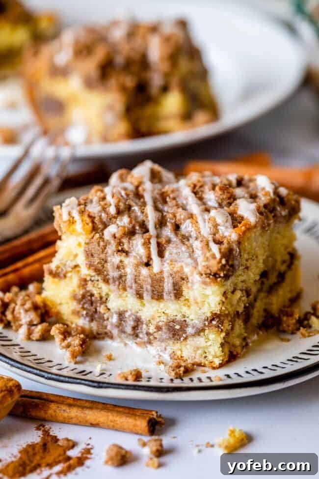 Irresistible Sour Cream Coffee Cake 2 Homemade coffee cake with streusel on a white plate.