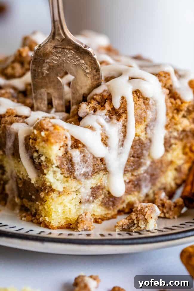 Sour Cream Coffee Cake, with a Ridiculous Amount of Streusel from The Food Charlatan. This is my FAVORITE recipe for Sour Cream Coffee Cake! My main complaint with Coffee Cake is that there is usually too much cake, not enough streusel. This recipe gives you the max amount of streusel without ruining the light fluffiness of the cake! A vanilla drizzle finishes it off! #coffeecake #sourcream #icing #frosting #drizzle #easy #recipes #cinnamon #streusel #sourcream #crumb #crumble #moist #breakfast Cinnamon streusel coffee cake on a plate with a fork stuck in it.