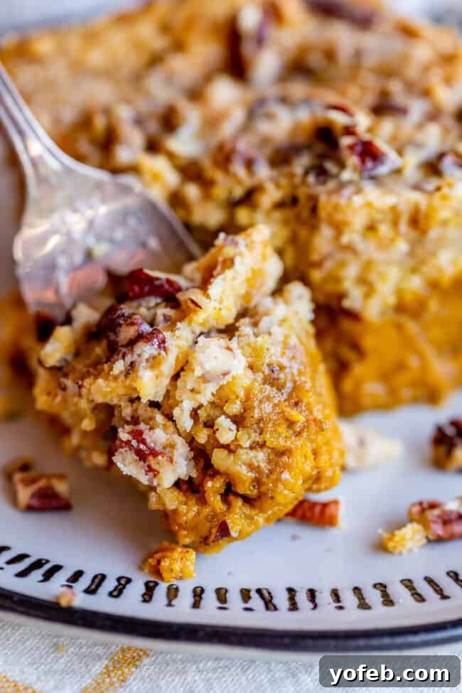 Pumpkin and Cake Mix Dessert: Enjoy a forkful of this easy, layered fall treat, a perfect alternative to pumpkin pie. A fork lifts a bite of pumpkin and cake mix dessert, showcasing its distinct layers.