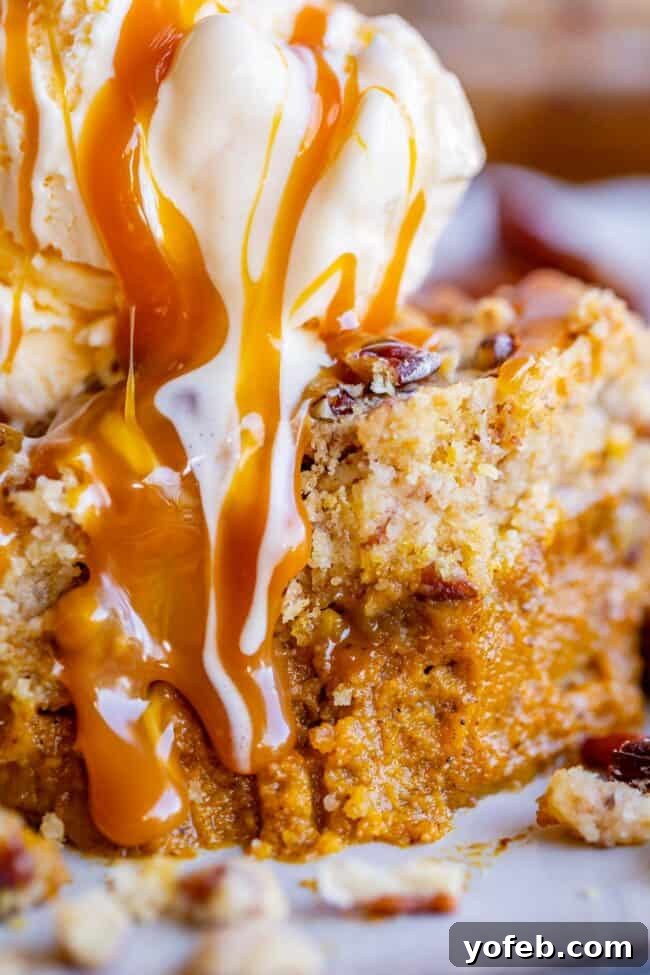 Pumpkin Pie Cake with Yellow Cake Mix: Indulge in a slice of this easy fall dessert, complete with ice cream and caramel. A gorgeous slice of pumpkin pie cake with yellow cake mix, garnished with vanilla ice cream and a luxurious caramel sauce.