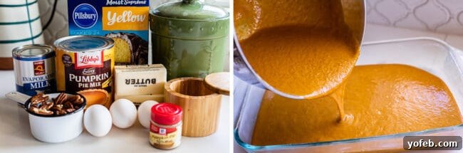 Pumpkin Dump Cake Ingredients: Preparing the filling with pumpkin mix, eggs, and butter for an easy fall cake. Ingredients for pumpkin dump cake: cans of pumpkin mix, butter, and eggs, next to a bowl of cake batter.