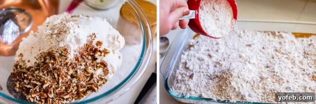 Preparing Pumpkin Dump Cake: Adding a flour and pecan mixture to the pumpkin base for a streusel topping. Chopped pecans in a glass bowl, next to flour being sprinkled over pumpkin dump cake batter in a baking pan.