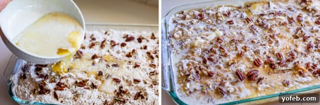 Drizzling Butter on Pumpkin Dump Cake: The crucial step for a rich, golden, and crispy cake mix topping. Melted butter being poured over a layer of dry yellow cake mix and pecans, preparing the nutty pumpkin cake for baking.