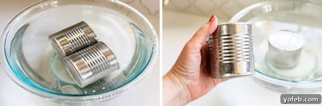 Cooked cans of dulce de leche are cooled in bowls of cold water to safely reduce their internal pressure.