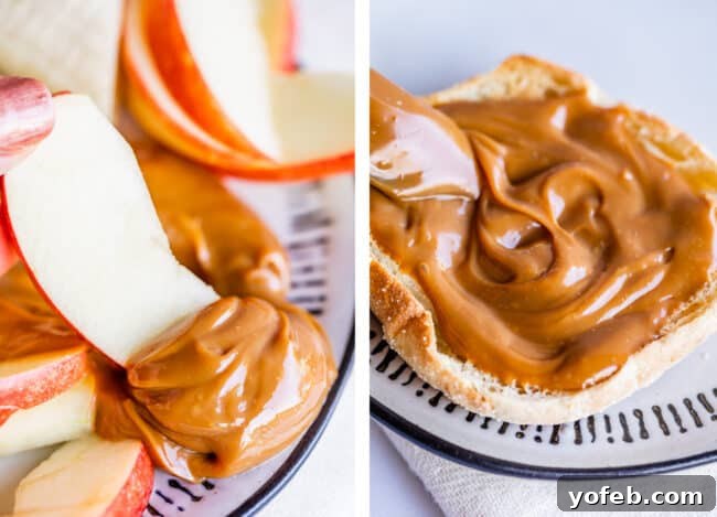 A collage featuring apple slices being dipped into dulce de leche and dulce de leche spread generously on an English muffin, highlighting versatile uses.