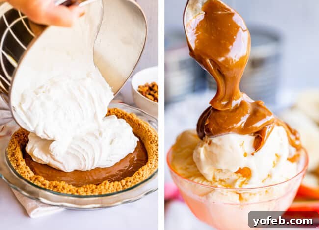 A two-part image showing whipped cream being added to a dulce de leche pie and dulce de leche drizzled over a bowl of vanilla ice cream, demonstrating dessert applications.