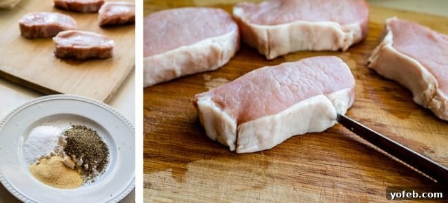 Pan-Seared Pork Chops with Velvety Mushroom Sauce 7 Step-by-step image showing how to prepare boneless pork chops: seasoning with a flour mixture and making small slits in the fat cap to prevent curling during pan-searing, ensuring an even cook.
