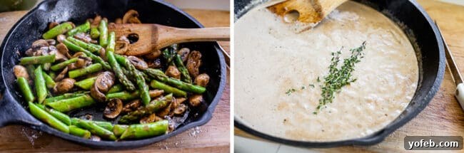 Pan-Seared Pork Chops with Velvety Mushroom Sauce 8 A visual guide to making creamy pan sauce: fresh asparagus and sliced mushrooms sizzling in a hot skillet, followed by the addition of balsamic vinegar, chicken broth, and fresh thyme to create a rich, savory gravy.