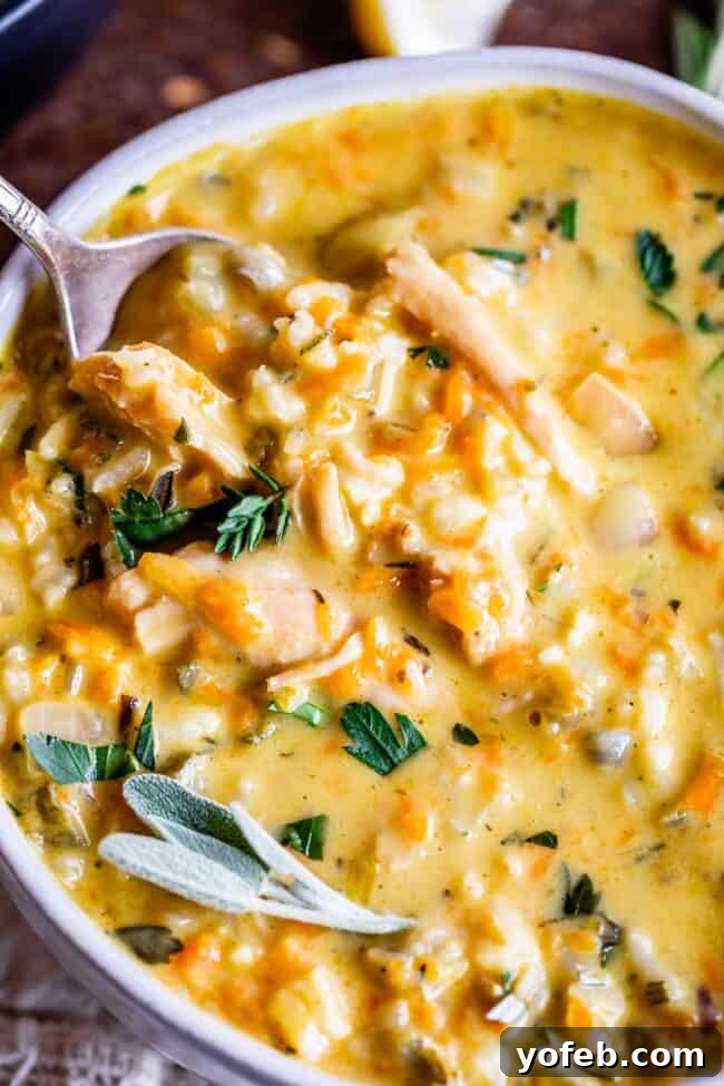 Best Creamy Turkey Wild Rice Soup - a delicious way to use leftover turkey from Thanksgiving or Christmas! Healthy, easy, and comforting. A steaming bowl of Creamy Turkey Wild Rice Soup, garnished with fresh herbs, ready to be enjoyed. The rich texture of the soup, with visible pieces of tender turkey, wild rice, and carrots, promises a comforting and satisfying meal.